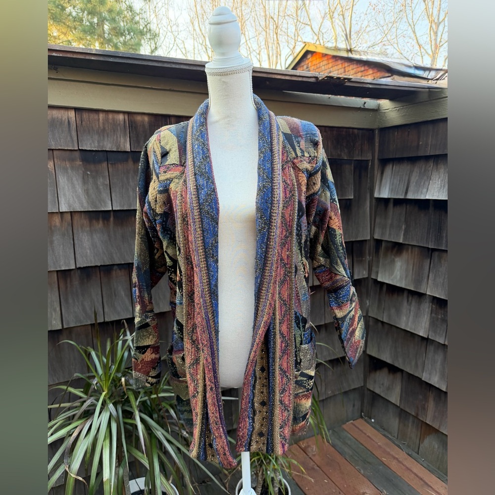 Vintage cardigan sweater fall colors knit metallic & cotton pockets Sm Leoniak